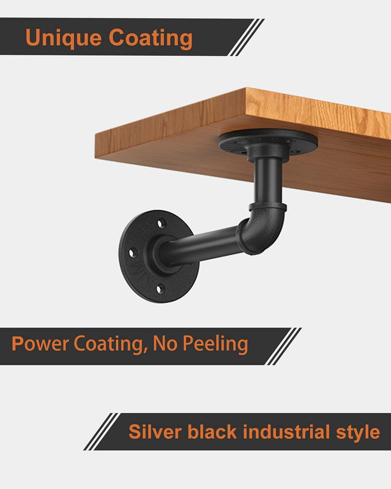 LuckIn Pipe Shelf Brackets for DIY 8 10 12 14 Inch Floating Shelves, Industrial Iron Pipe Bracket, Heavy Duty Metal Shelving Brackets, Black, 6-Pack - Image 3